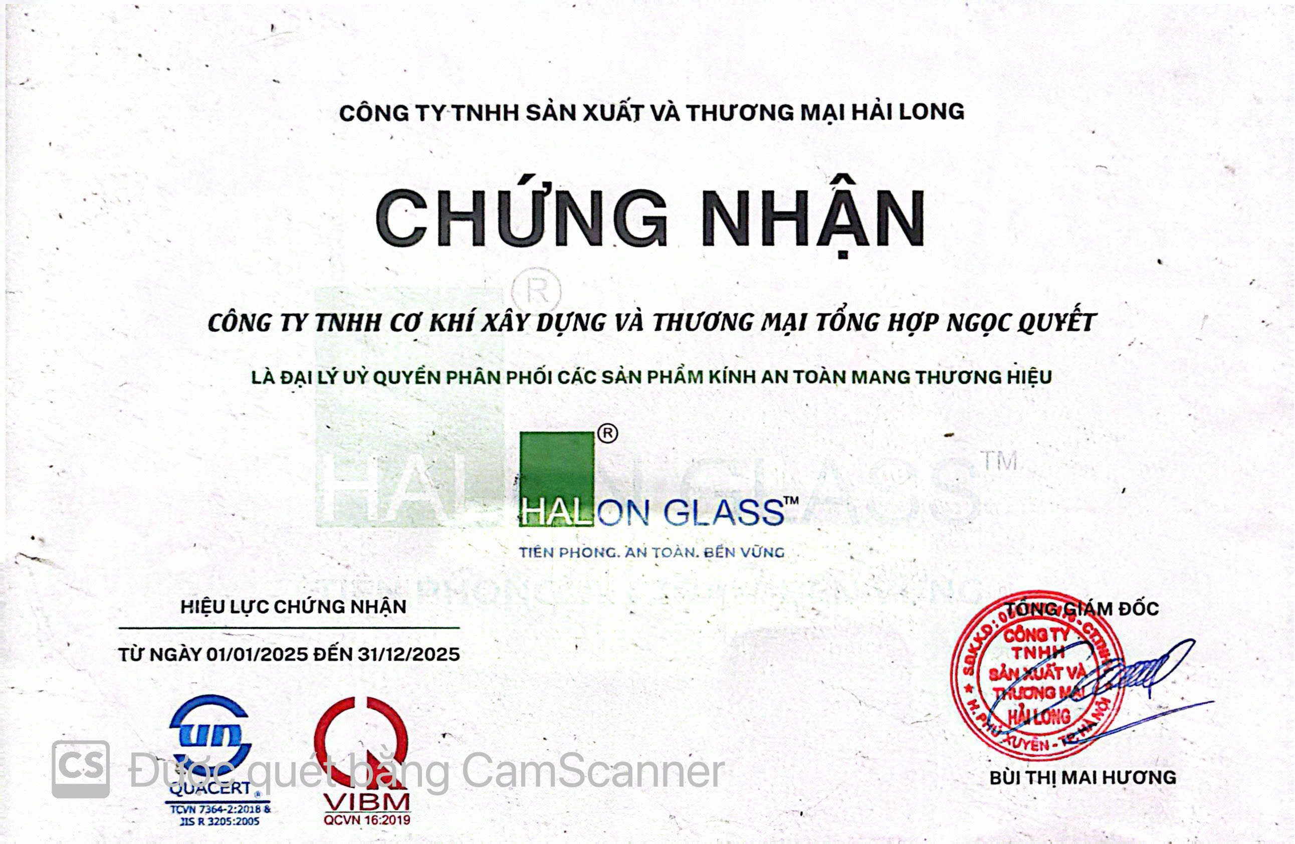 Giấy chứng nhận đại lý ủy quyền phân phối sản phẩm kính an toàn thương hiệu Halon Glass